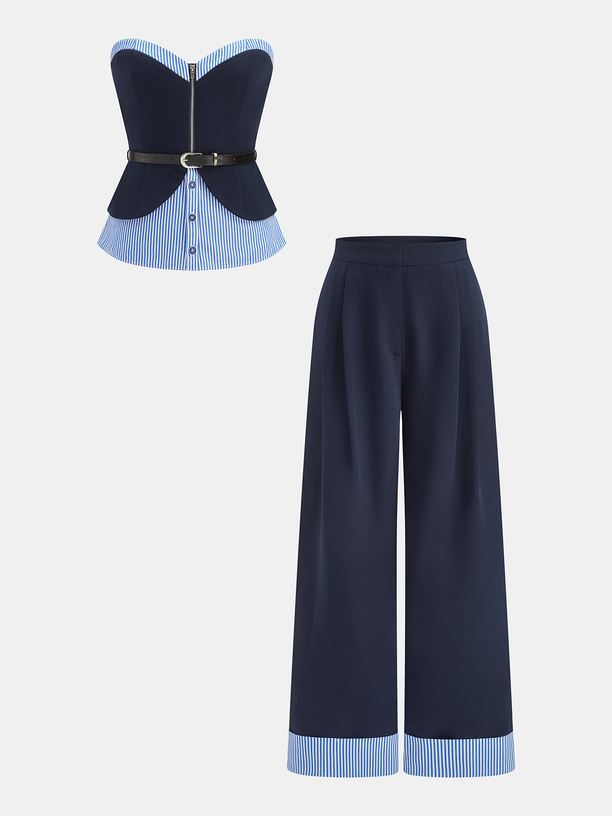 Conjunto de Top Sin Tirantes a Rayas con Patchwork, Cinturón y Pantalón