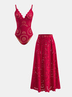 Laser-Cut One-Piece Swimwear & Skirt Set