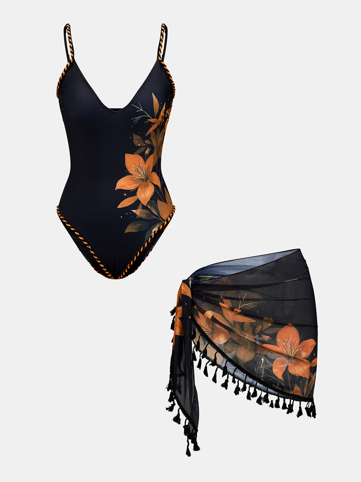 Floral Print One Piece Swimsuit & Tassel Sarong Set