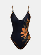 Floral Print One Piece Swimsuit & Tassel Sarong Set