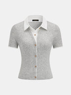 Fake Collar Ribbed Knit Short Sleeve Top
