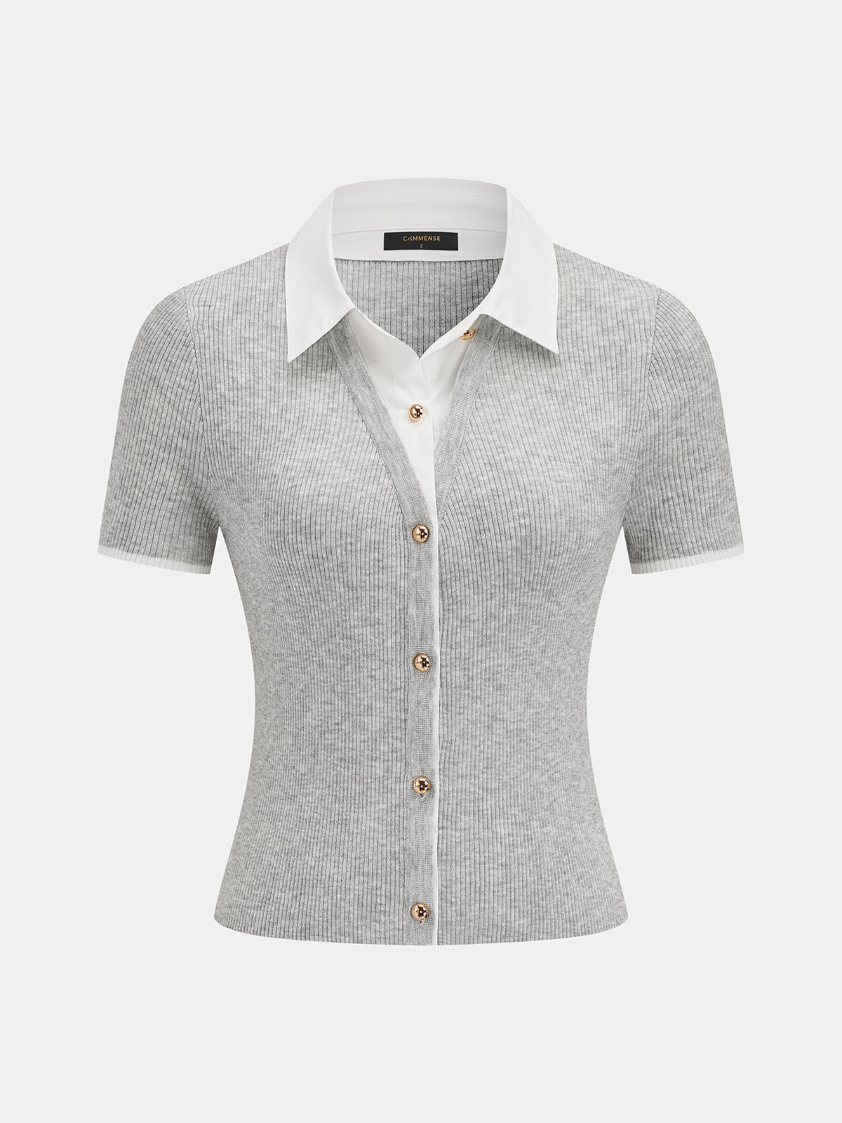 Fake Collar Ribbed Knit Short Sleeve Top