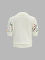 Floral Embroidery Collared Knit Cardigan