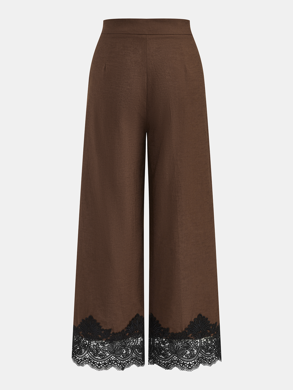 Pantalón Ancho de Lino y Algodón con Ribete de Encaje