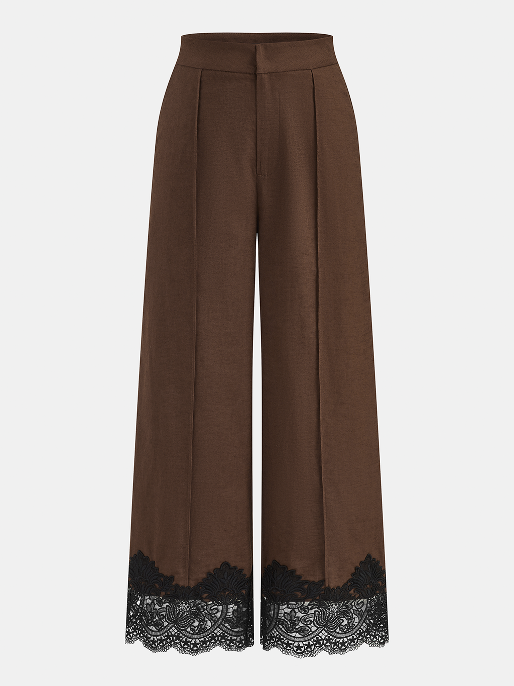 Pantalón Ancho de Lino y Algodón con Ribete de Encaje