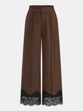 Pantalón Ancho de Lino y Algodón con Ribete de Encaje