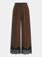 Pantalón Ancho de Lino y Algodón con Ribete de Encaje