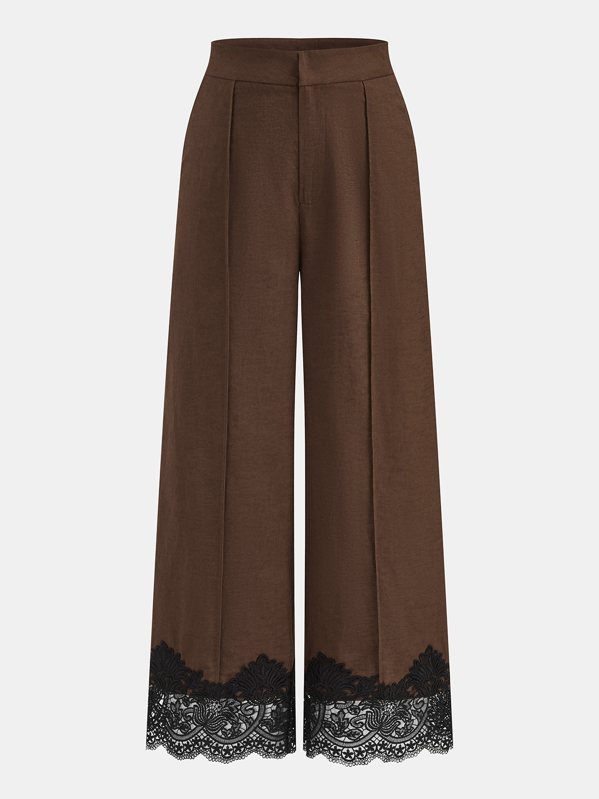 Pantalón Ancho de Lino y Algodón con Ribete de Encaje