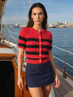 Striped Cable Knit Short Sleeve Cardigan