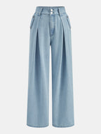 Conjunto de Top Corto de Denim Sin Mangas y Pantalón Plisado