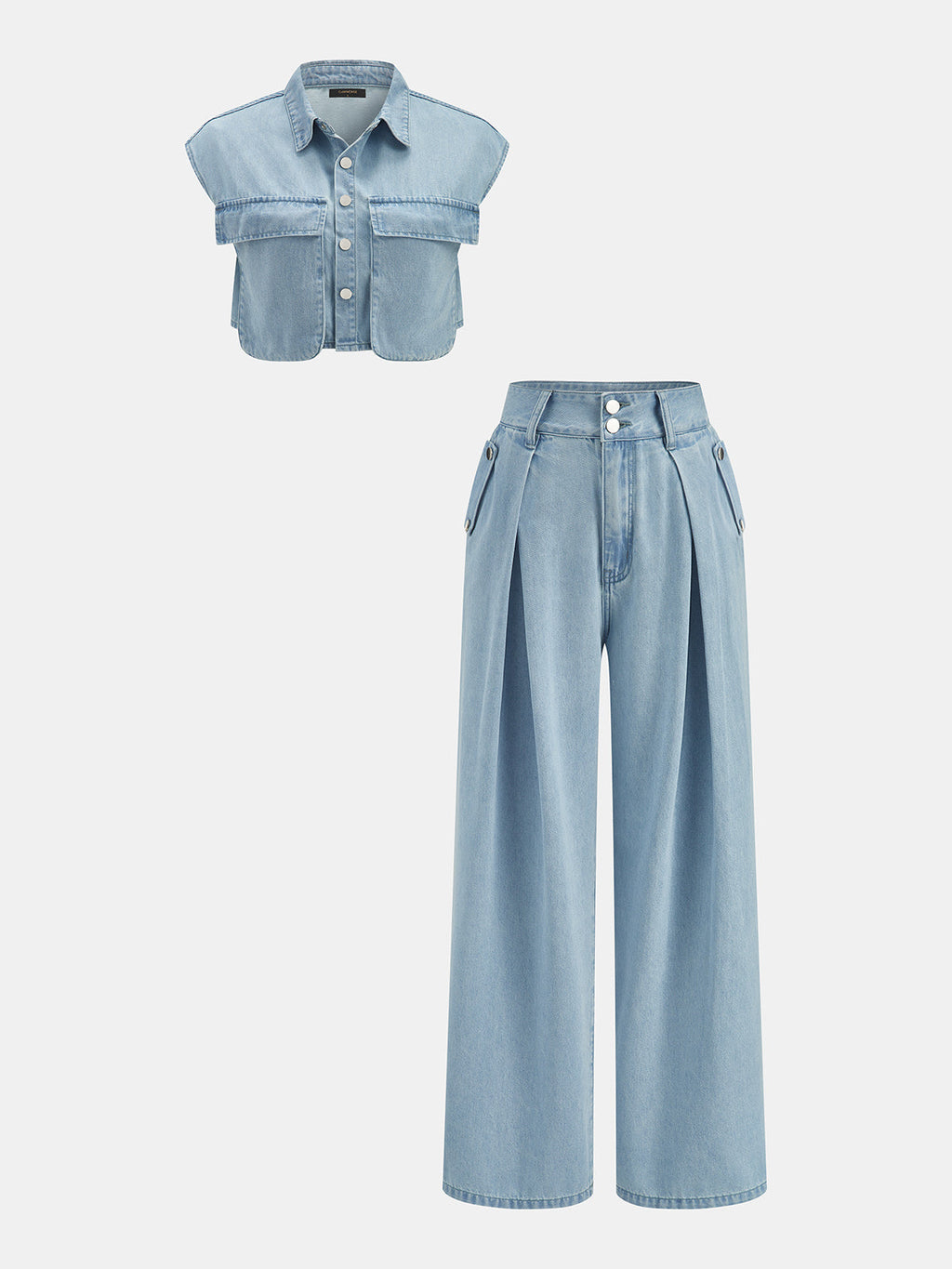 Conjunto de Top Corto de Denim Sin Mangas y Pantalón Plisado