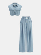 Conjunto de Top Corto de Denim Sin Mangas y Pantalón Plisado