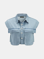Conjunto de Top Corto de Denim Sin Mangas y Pantalón Plisado