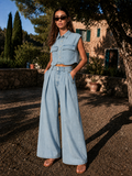 Conjunto de Top Corto de Denim Sin Mangas y Pantalón Plisado