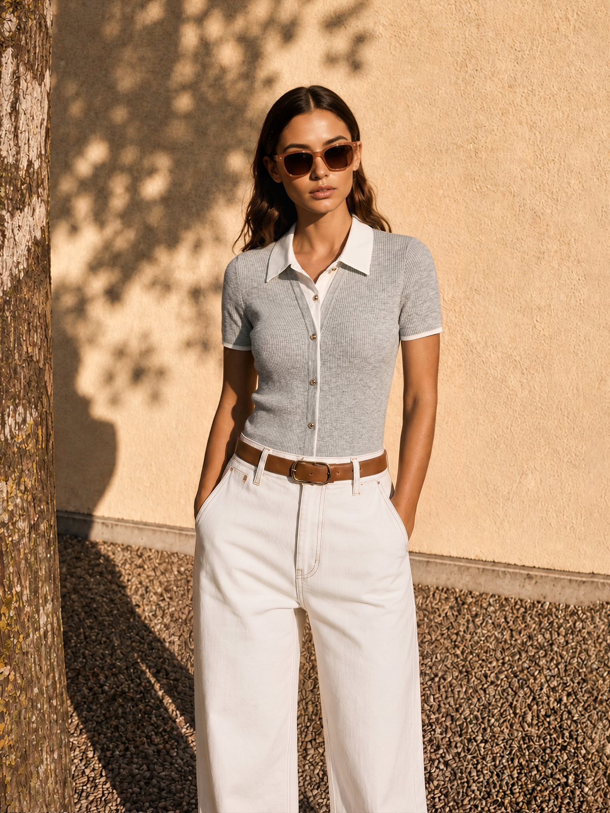 Fake Collar Ribbed Knit Short Sleeve Top