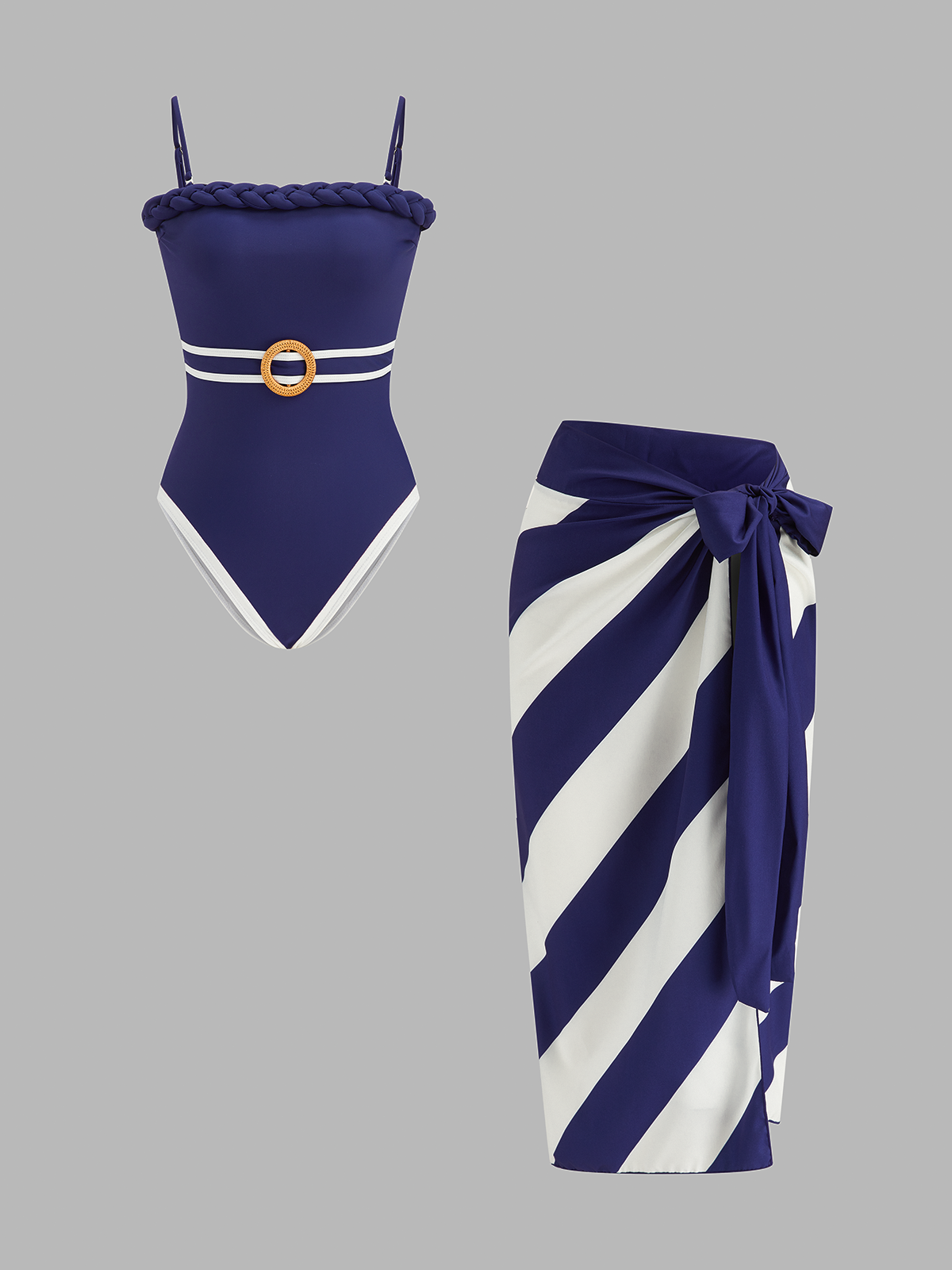 Braided Trim One Piece Swimsuit & Striped Sarong Set