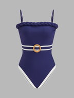 Braided Trim One Piece Swimsuit & Striped Sarong Set