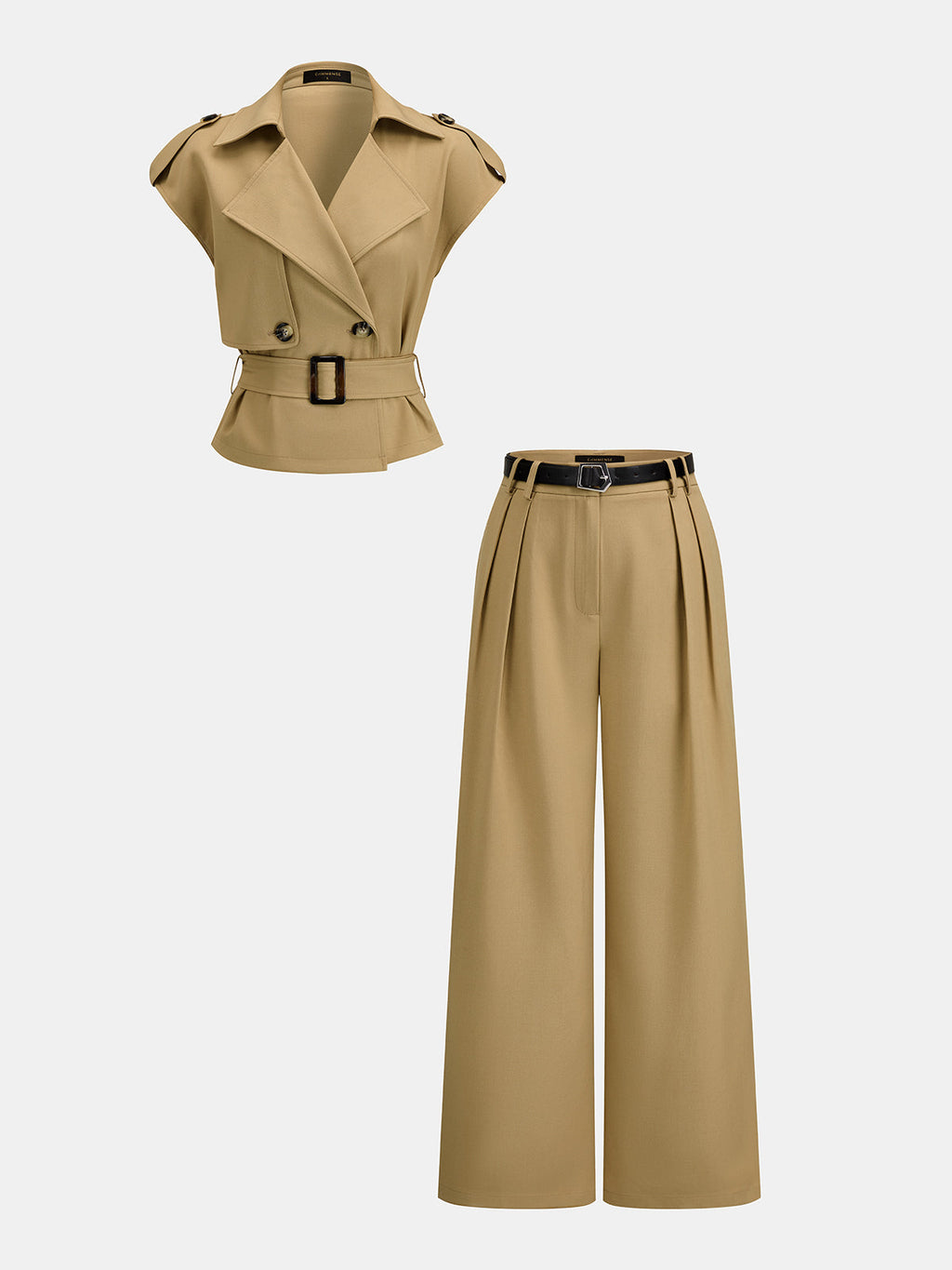 Conjunto de Blusa Estilo Trench con Cinturón y Pantalón Plisado