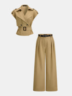 Conjunto de Blusa Estilo Trench con Cinturón y Pantalón Plisado
