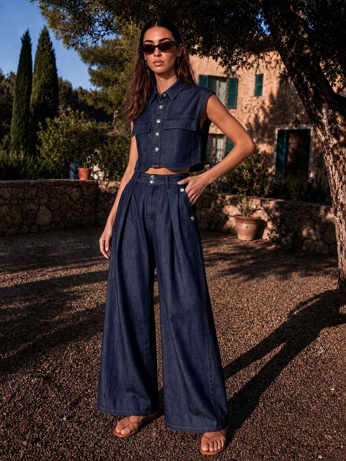 Conjunto de Top Corto de Denim Sin Mangas y Pantalón Plisado