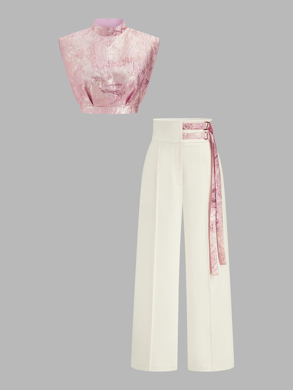 Conjunto de Top Corto de Jacquard Sin Mangas y Pantalón