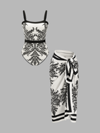 Baroque Print One-Piece Swimsuit & Sarong Set