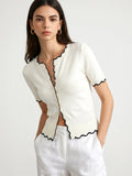 Contrast Wave Edge Button Front Knit Top