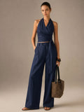 Conjunto de Top Halter Cruzado de Lino y Pantalón