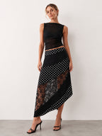 Falda Midi Asimétrica de Lunares con Patchwork de Encaje