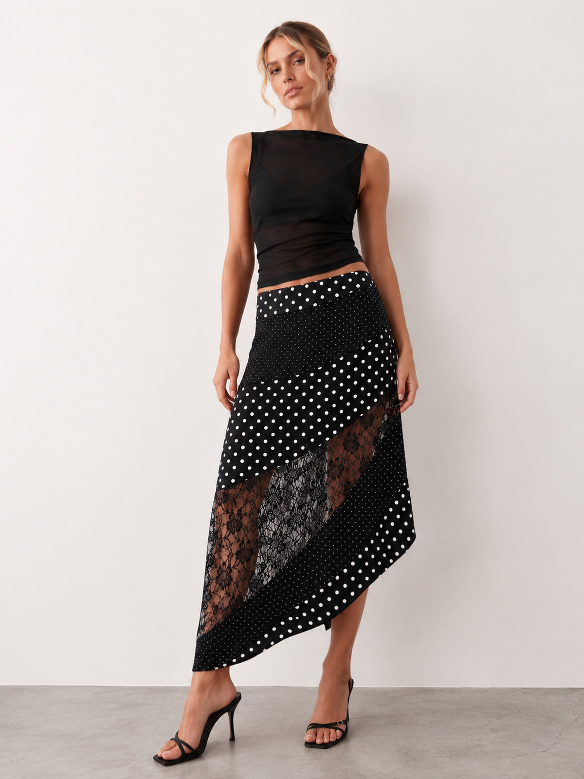 Falda Midi Asimétrica de Lunares con Patchwork de Encaje