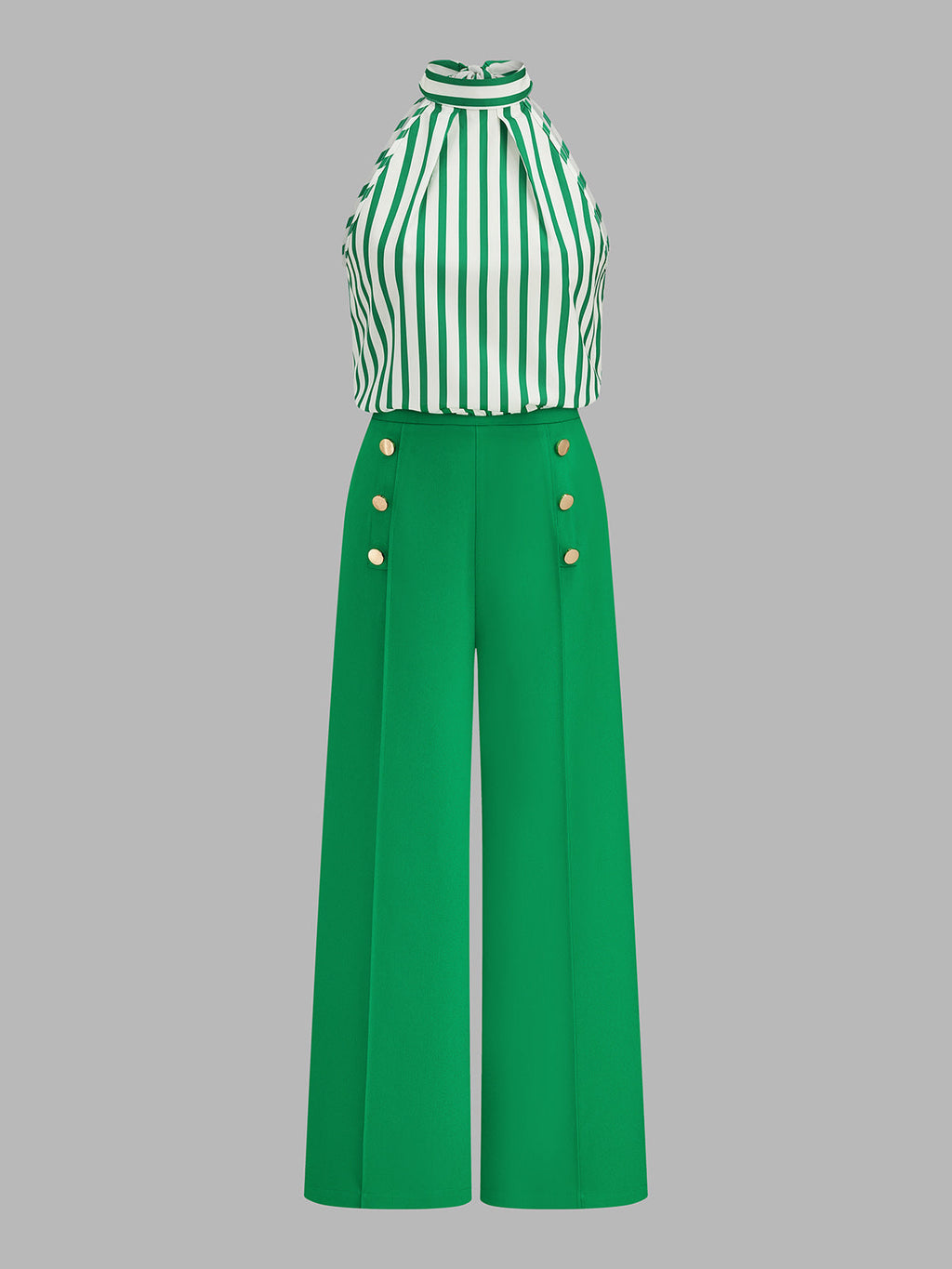 Conjunto de Top Halter a Rayas y Pantalón con Detalle Metálico
