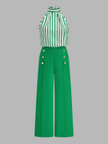 Conjunto de Top Halter a Rayas y Pantalón con Detalle Metálico