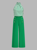 Conjunto de Top Halter a Rayas y Pantalón con Detalle Metálico