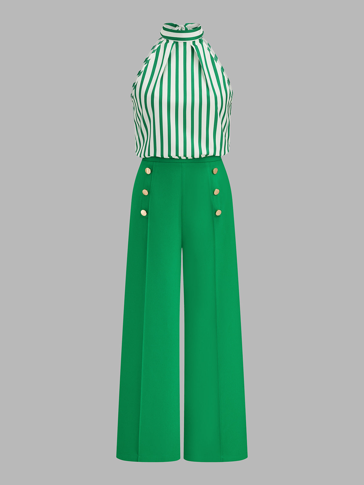 Conjunto de Top Halter a Rayas y Pantalón con Detalle Metálico