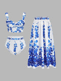 Floral Print Bikini Set with Skirt Cover Up