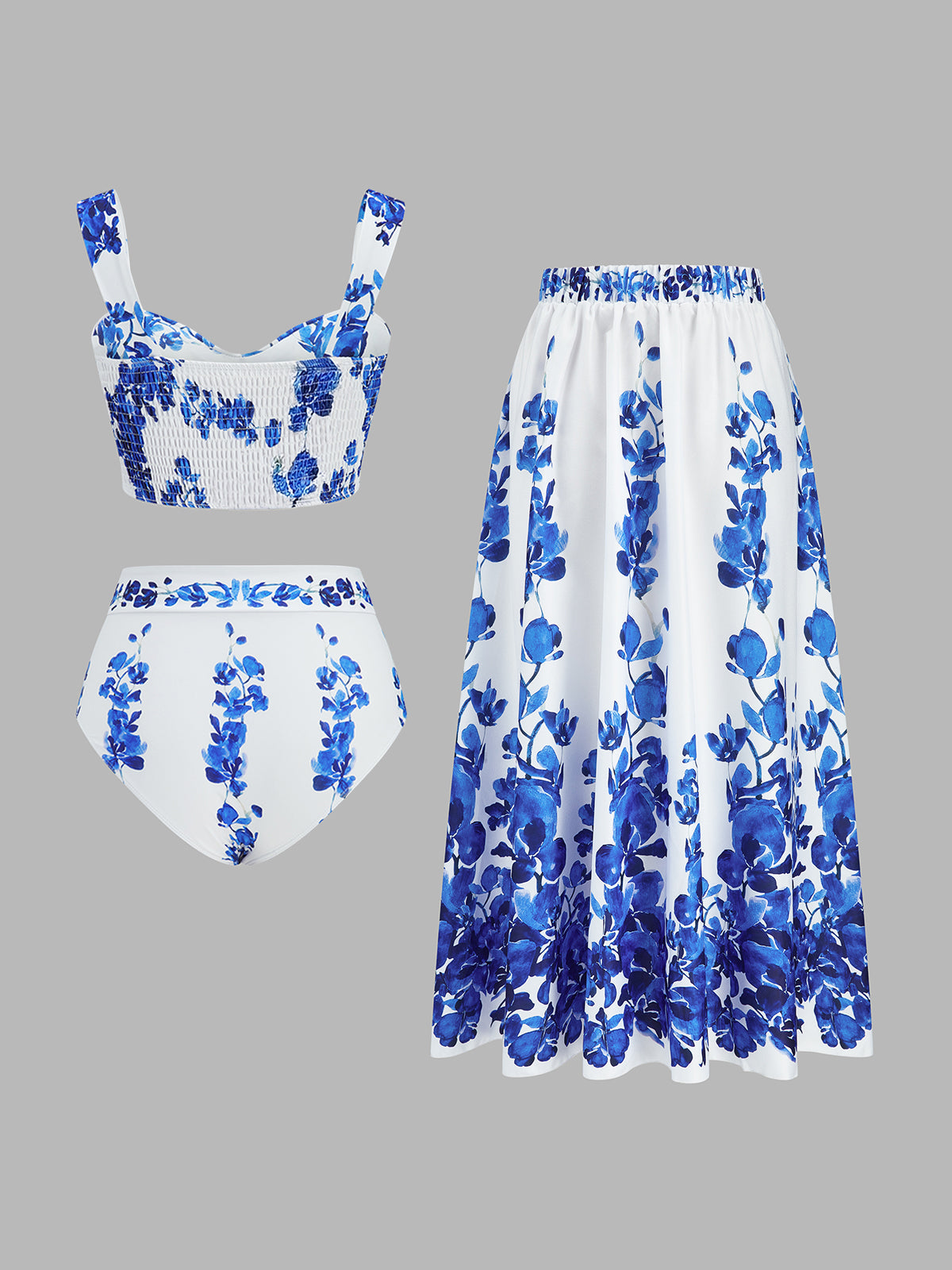 Floral Print Bikini Set with Skirt Cover Up