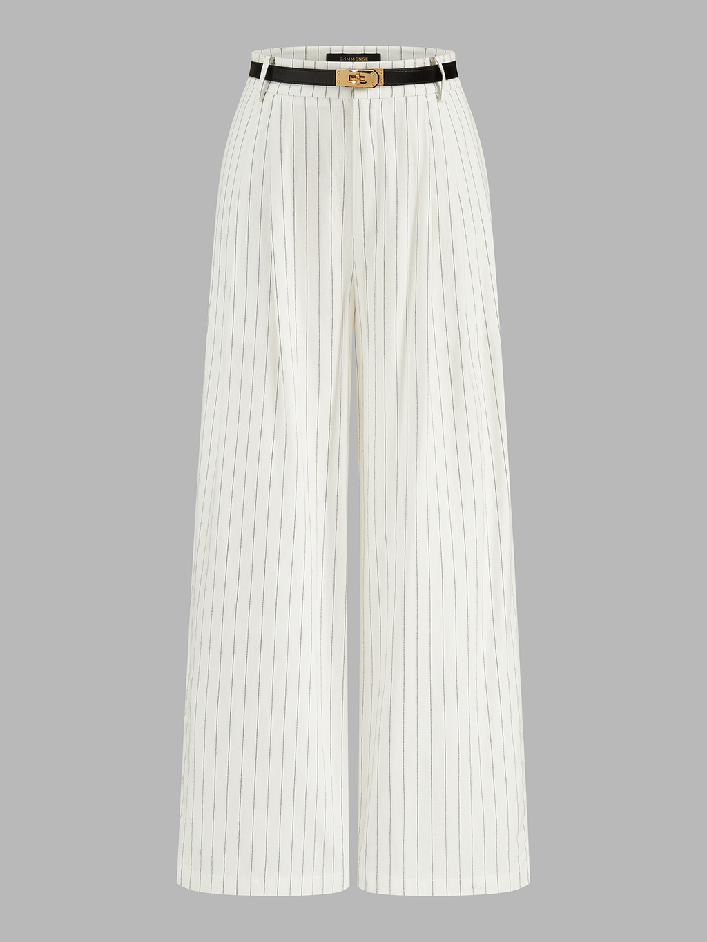 Pantalón Ancho de Lino y Algodón a Rayas con Cinturón