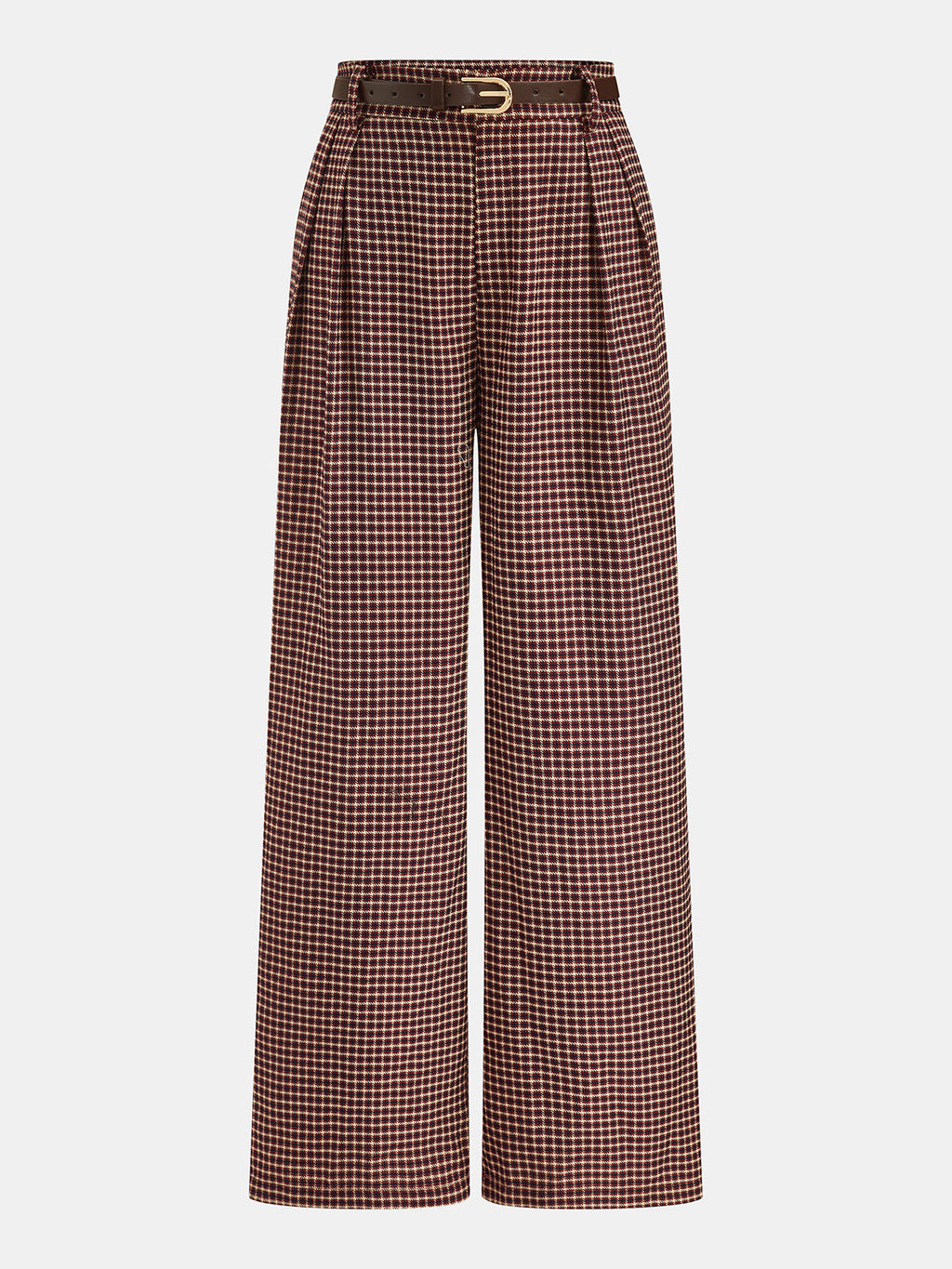 Pantalón Ancho Plisado a Cuadros con Cinturón