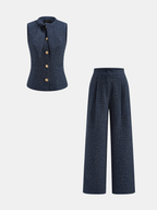 Conjunto de Chaleco de Tweed con Lazo al Cuello y Pantalón Recto