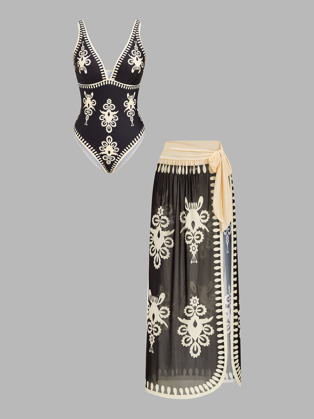 Ethnic Print One Piece Swimsuit & Sarong Set