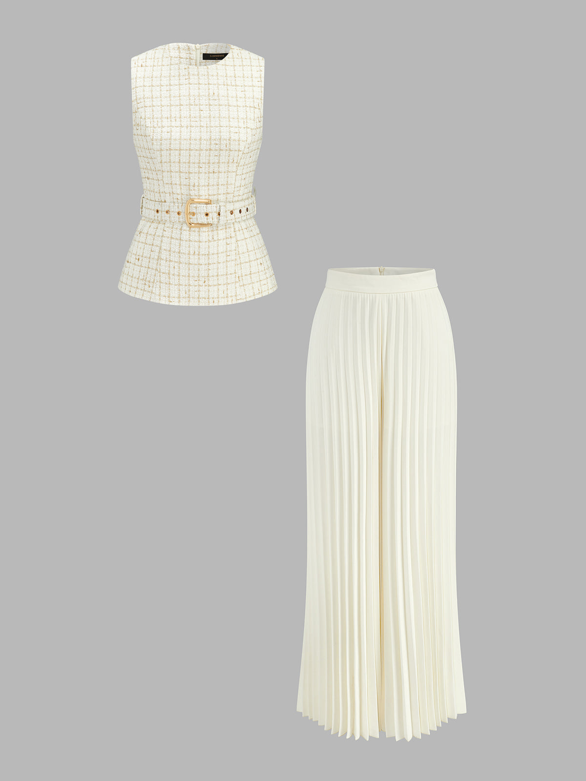 Conjunto de Chaleco de Tweed con Cinturón y Pantalón Plisado