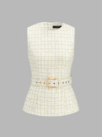 Conjunto de Chaleco de Tweed con Cinturón y Pantalón Plisado