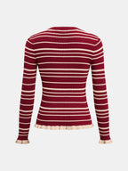 Striped Ruffle Hem Ribbed Knit Cardigan