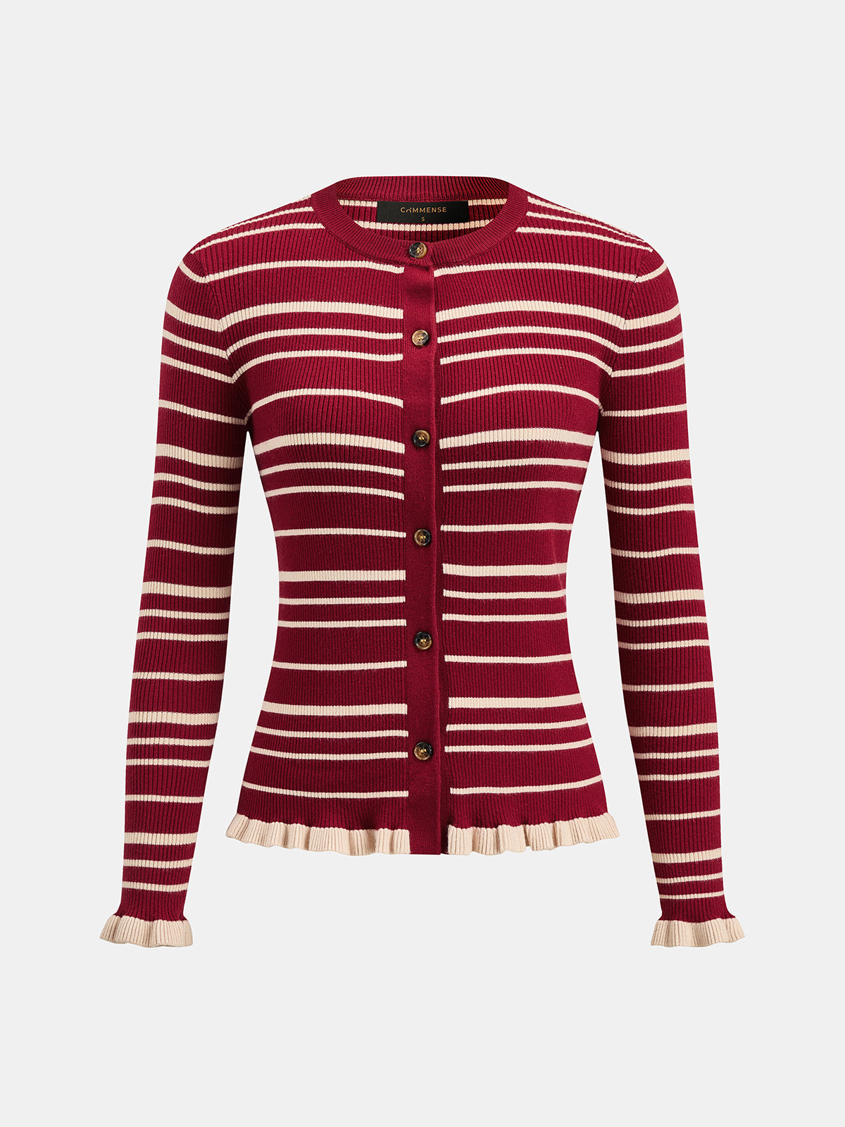 Striped Ruffle Hem Ribbed Knit Cardigan