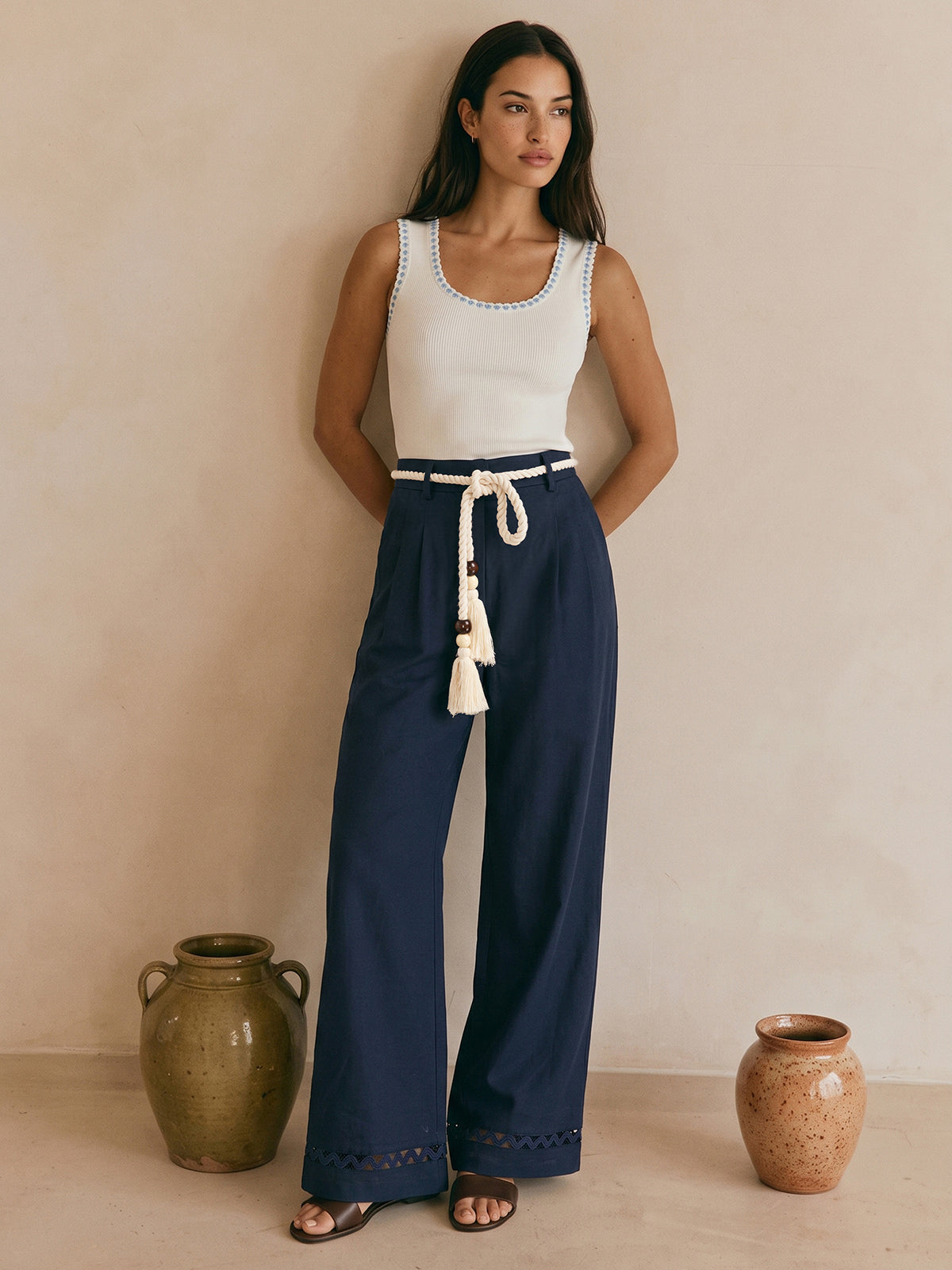 Pantalón Ancho de Lino y Algodón con Cinturón