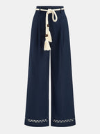 Pantalón Ancho de Lino y Algodón con Cinturón