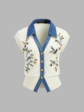 Bird Floral Denim Collar Knit Vest