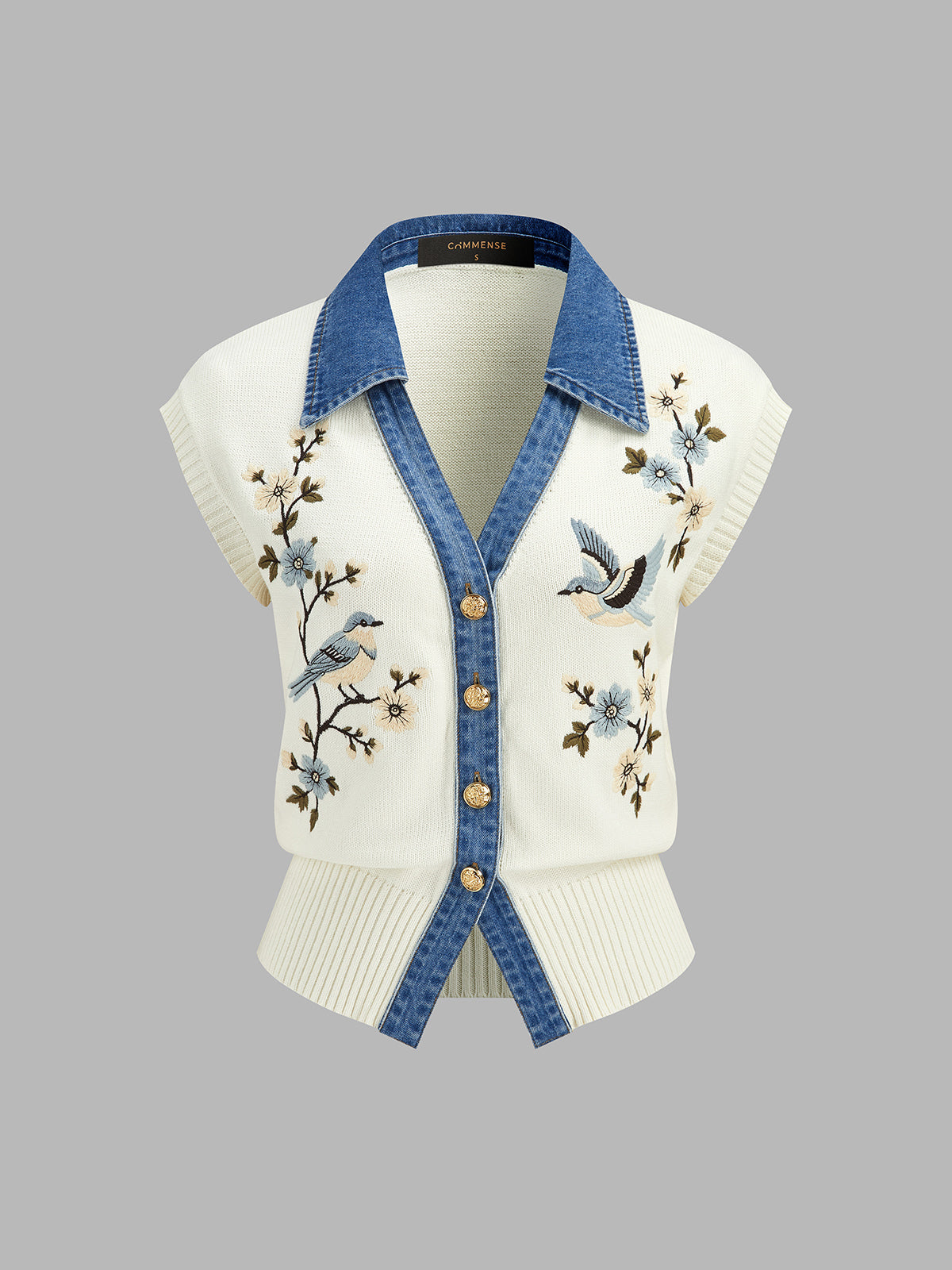Bird Floral Denim Collar Knit Vest