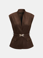 Suede Effect Stand Collar Belted Vest