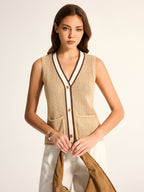 Contrast Trim V‑Neck Crochet Knit Vest